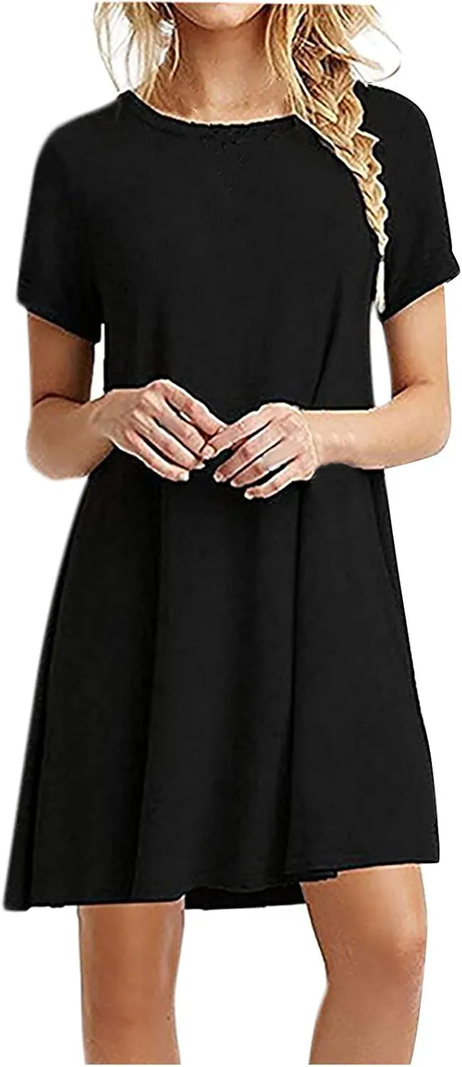 Summer Dresses for Women 2025 Casual Loose Fit Short Sleeve Crew Neck Mini Dresses A-Line Flowy T-Shirts Dresses
