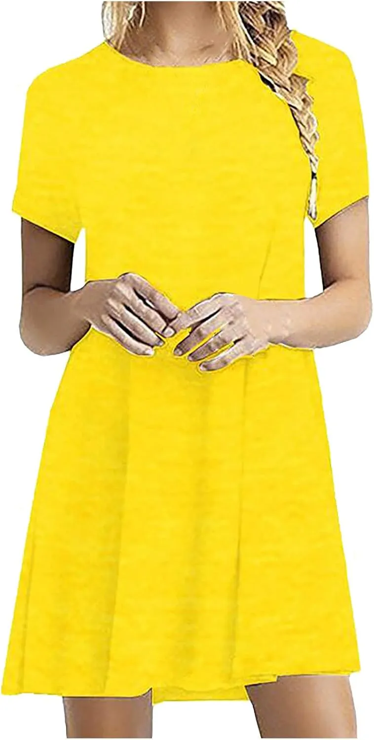 Summer Dresses for Women 2025 Casual Loose Fit Short Sleeve Crew Neck Mini Dresses A-Line Flowy T-Shirts Dresses