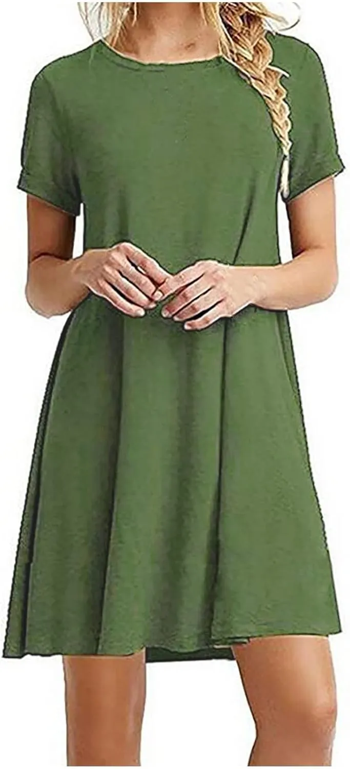 Summer Dresses for Women 2025 Casual Loose Fit Short Sleeve Crew Neck Mini Dresses A-Line Flowy T-Shirts Dresses