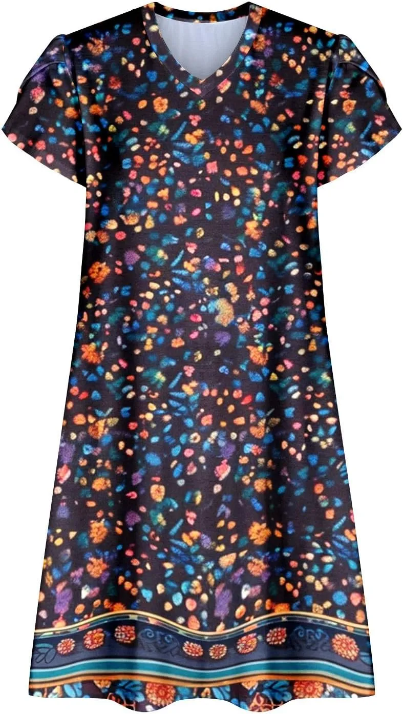 Summer Dresses for Women 2025 Casual Petal Sleeve Tshirt Dress Flowy Beach Swing Sundresses Hawaiian Vacation Outfits