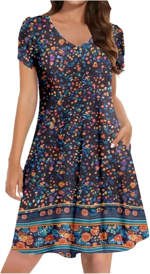 Summer Dresses for Women 2025 Casual Petal Sleeve Tshirt Dress Flowy Beach Swing Sundresses Hawaiian Vacation Outfits