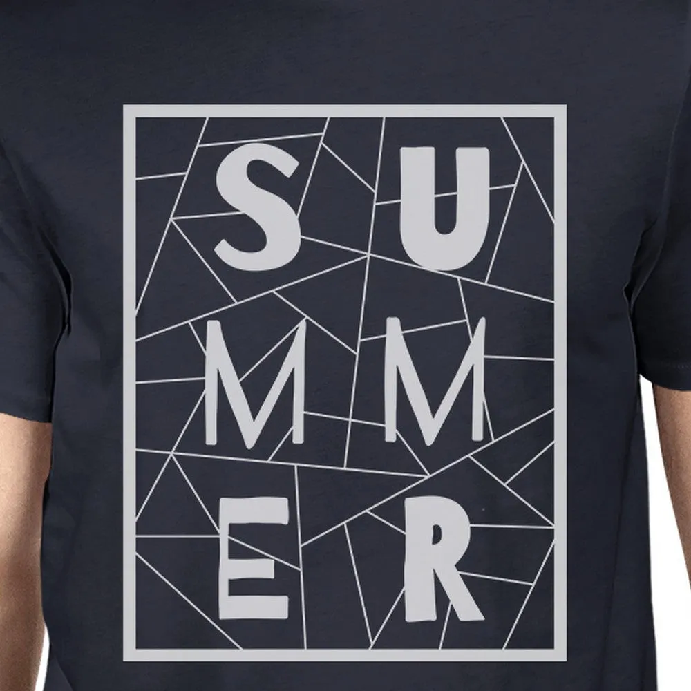 Summer Geometric Lettering Mens Navy Tshirt Cotton Trendy Design