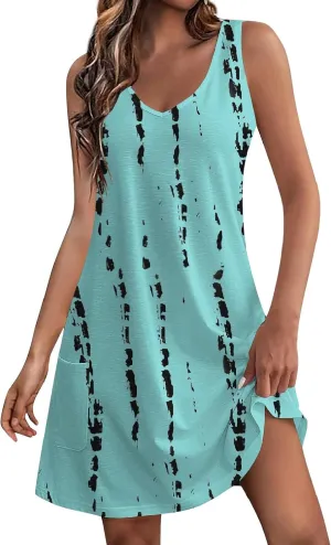 Sun Dresses for Women 2024 Sundress with Pockets Boho Beach Dress Floral T-Shirts Dress V Neck Loose Tank Dresses