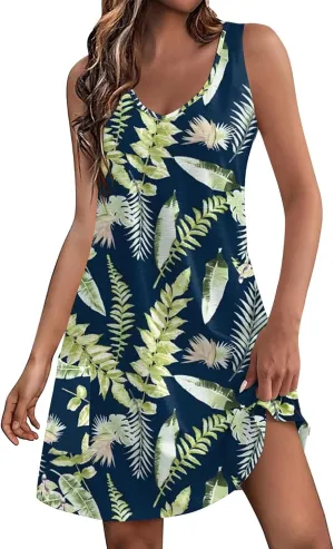 Sundresses for Women 2024 Trendy Summer with Pockets Boho Beach Dress Floral T-Shirts Dress V Neck Loose Tank Dresses