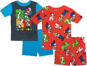 Super Mario Boys' Short Sleeve 4pc Pajama Shorts Set