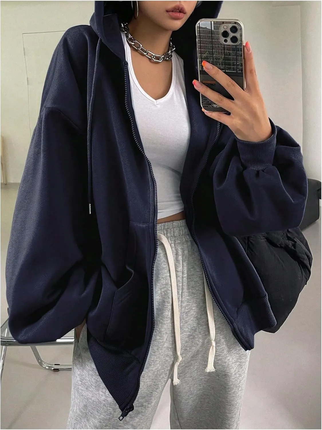 SweatyRocks Women's Causal Drop Shoulder Long Sleeve Sweatshirts Oversized Full Zip Solid Hoodie with Pocket