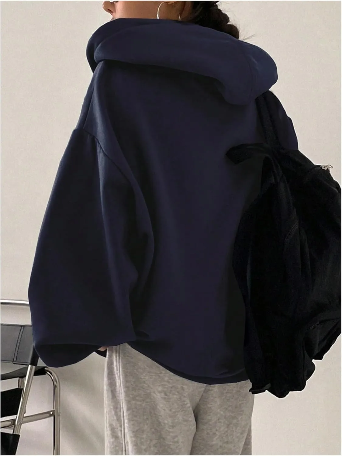 SweatyRocks Women's Causal Drop Shoulder Long Sleeve Sweatshirts Oversized Full Zip Solid Hoodie with Pocket