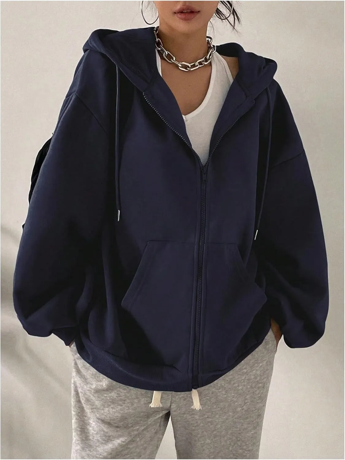 SweatyRocks Women's Causal Drop Shoulder Long Sleeve Sweatshirts Oversized Full Zip Solid Hoodie with Pocket