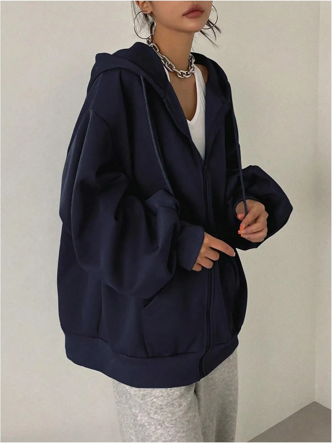 SweatyRocks Women's Causal Drop Shoulder Long Sleeve Sweatshirts Oversized Full Zip Solid Hoodie with Pocket