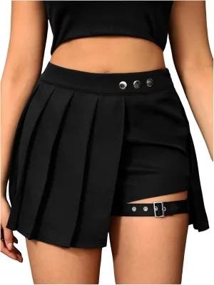 SweatyRocks Women's High Waisted Asymmetrical Hem Buckled Detail Pleated A Line Mini Skirt