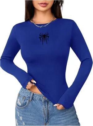 SweatyRocks Women's Long Sleeve Graphic Slim Fit T Shirt Y2k Basic Vintage Streetwear