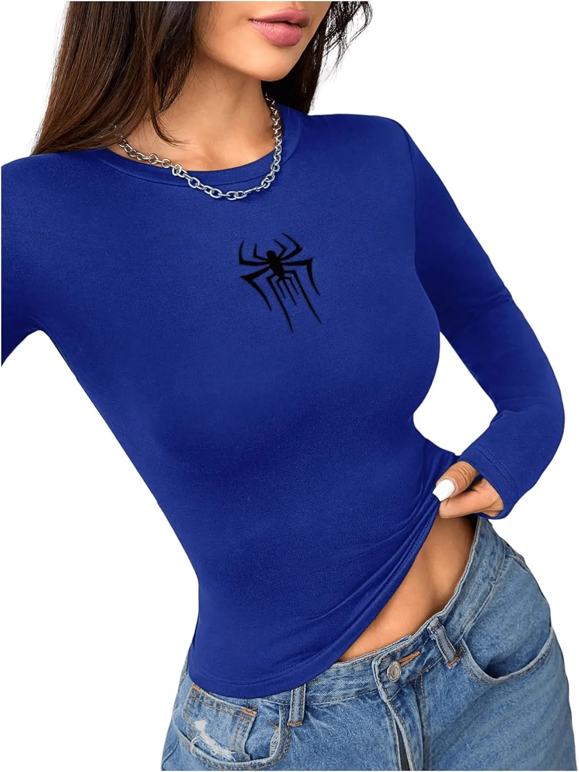 SweatyRocks Women's Long Sleeve Graphic Slim Fit T Shirt Y2k Basic Vintage Streetwear
