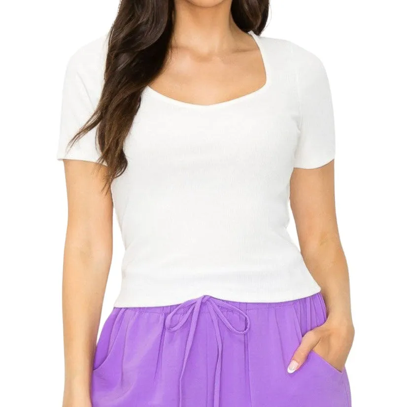 Sweetheart Neckline Basic Fitted Tee - Off White