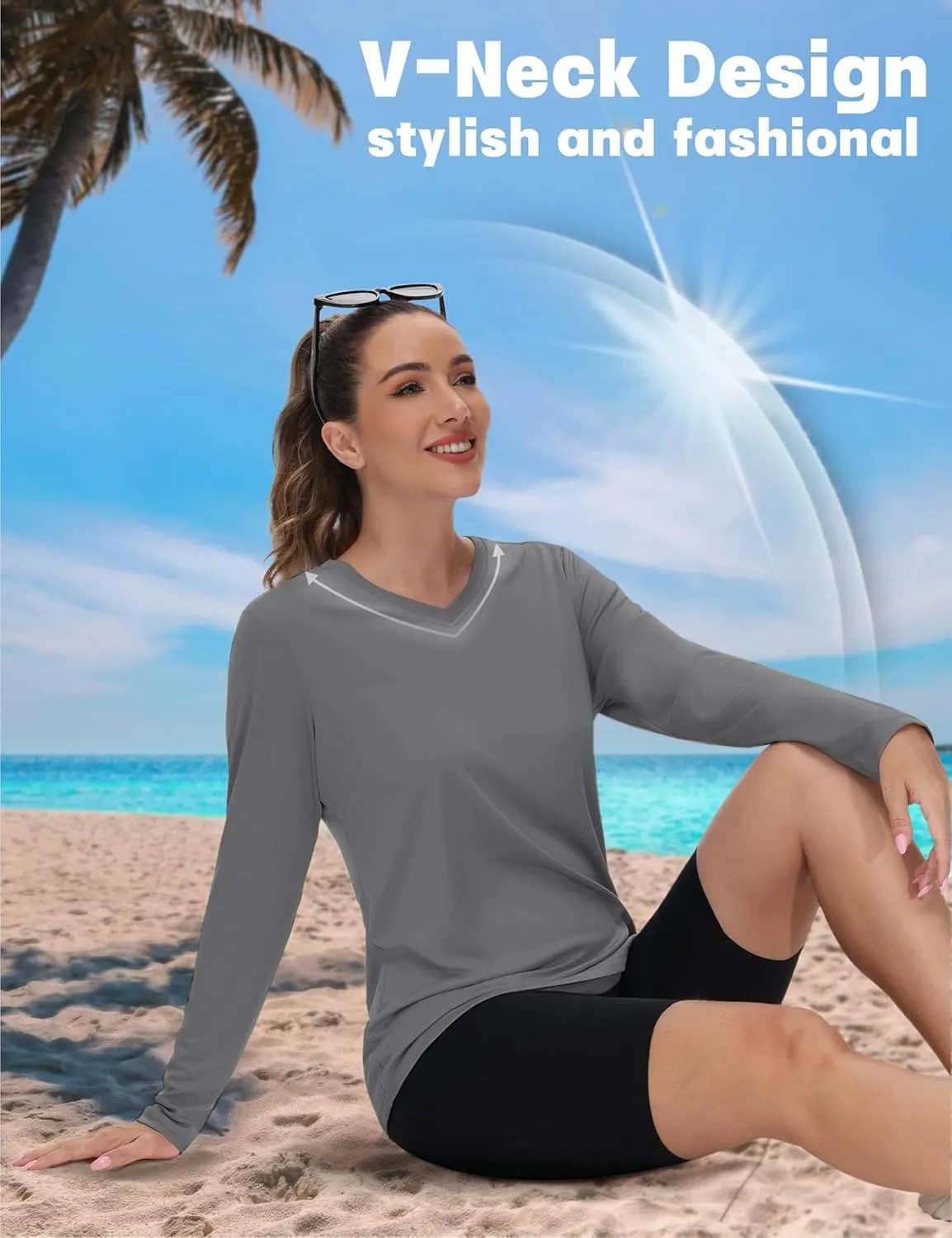 TACVASEN Women's Long Sleeve V Neck Workout Tops UPF 50  Sun Protection Quick Dry Lightweight Hiking Running T-Shirts