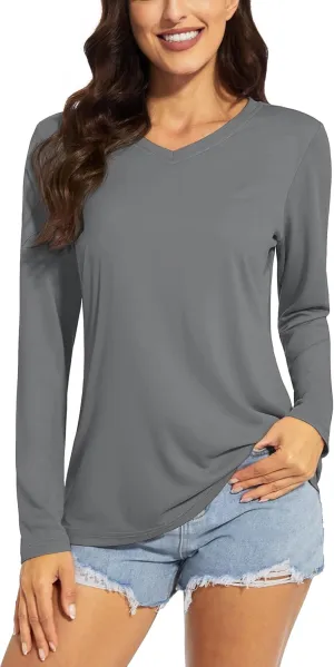 TACVASEN Women's Long Sleeve V Neck Workout Tops UPF 50  Sun Protection Quick Dry Lightweight Hiking Running T-Shirts