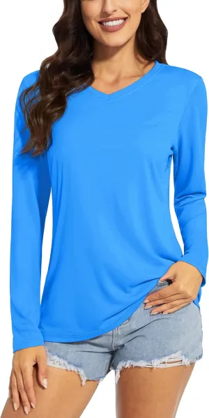 TACVASEN Women's Long Sleeve V Neck Workout Tops UPF 50  Sun Protection Quick Dry Lightweight Hiking Running T-Shirts