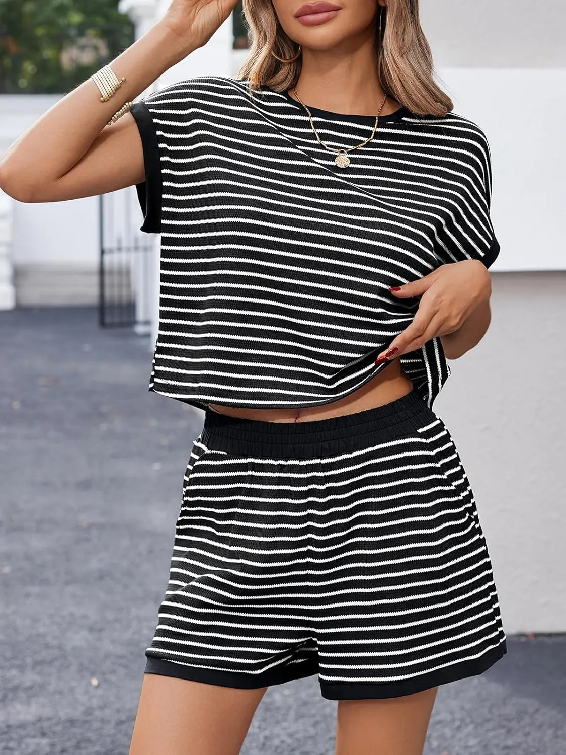 Tankaneo Womens Summer 2 Piece Sets Striped Short Sleeve T Shirts and Shorts Loungewear Matching Set