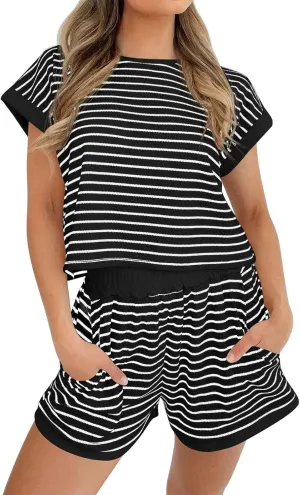 Tankaneo Womens Summer 2 Piece Sets Striped Short Sleeve T Shirts and Shorts Loungewear Matching Set