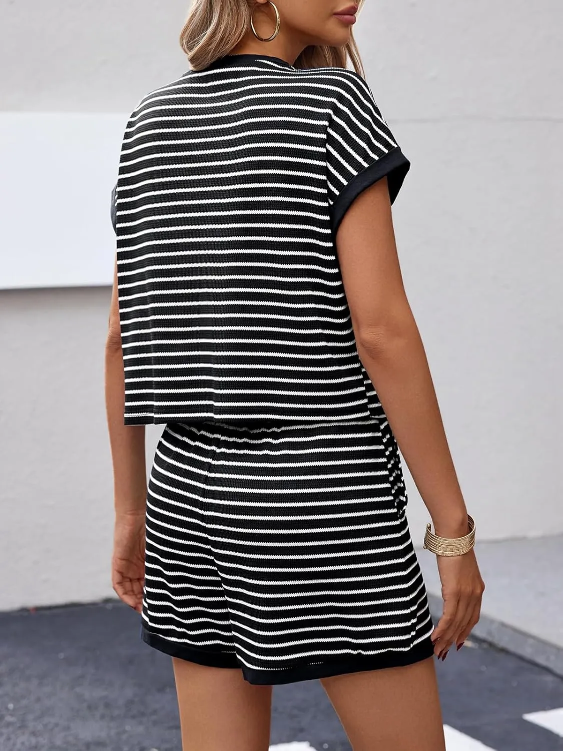 Tankaneo Womens Summer 2 Piece Sets Striped Short Sleeve T Shirts and Shorts Loungewear Matching Set