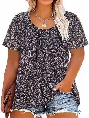 TIYOMI Plus Size Tops for Women Round Neck Square Neck T Shirts Summer Casual Short Sleeve Tunic Blouses XL-5XL