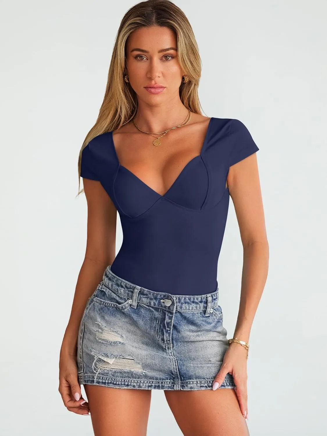 Trendy Queen Womens Summer V-Neck Backless Cute Tops Short Sleeve Sexy Slim Fit T-Shirts Y2K Clothes Corset Cami 2025