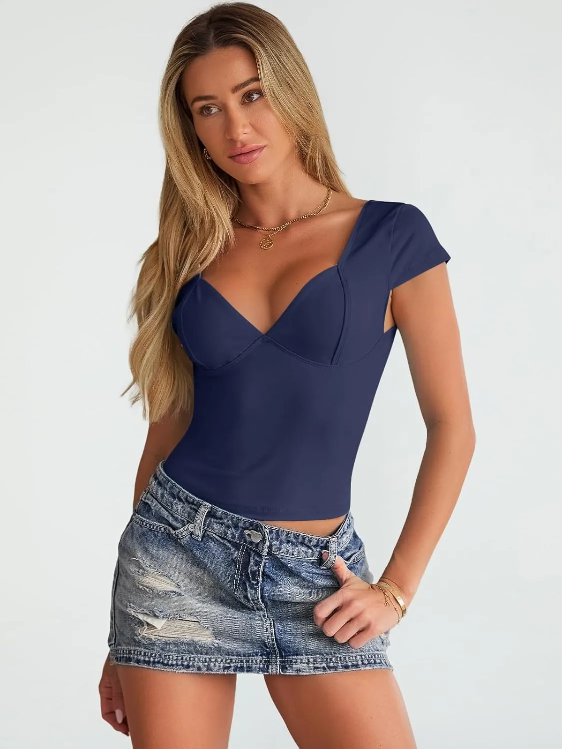 Trendy Queen Womens Summer V-Neck Backless Cute Tops Short Sleeve Sexy Slim Fit T-Shirts Y2K Clothes Corset Cami 2025