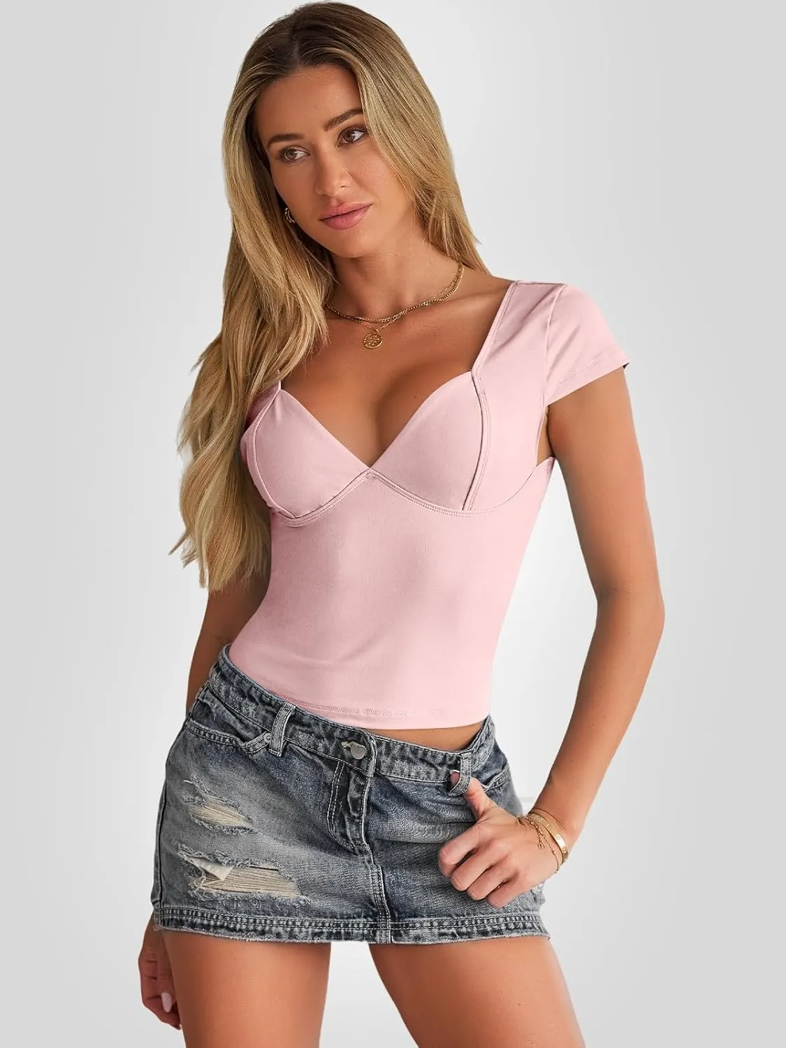 Trendy Queen Womens Summer V-Neck Backless Cute Tops Short Sleeve Sexy Slim Fit T-Shirts Y2K Clothes Corset Cami 2025