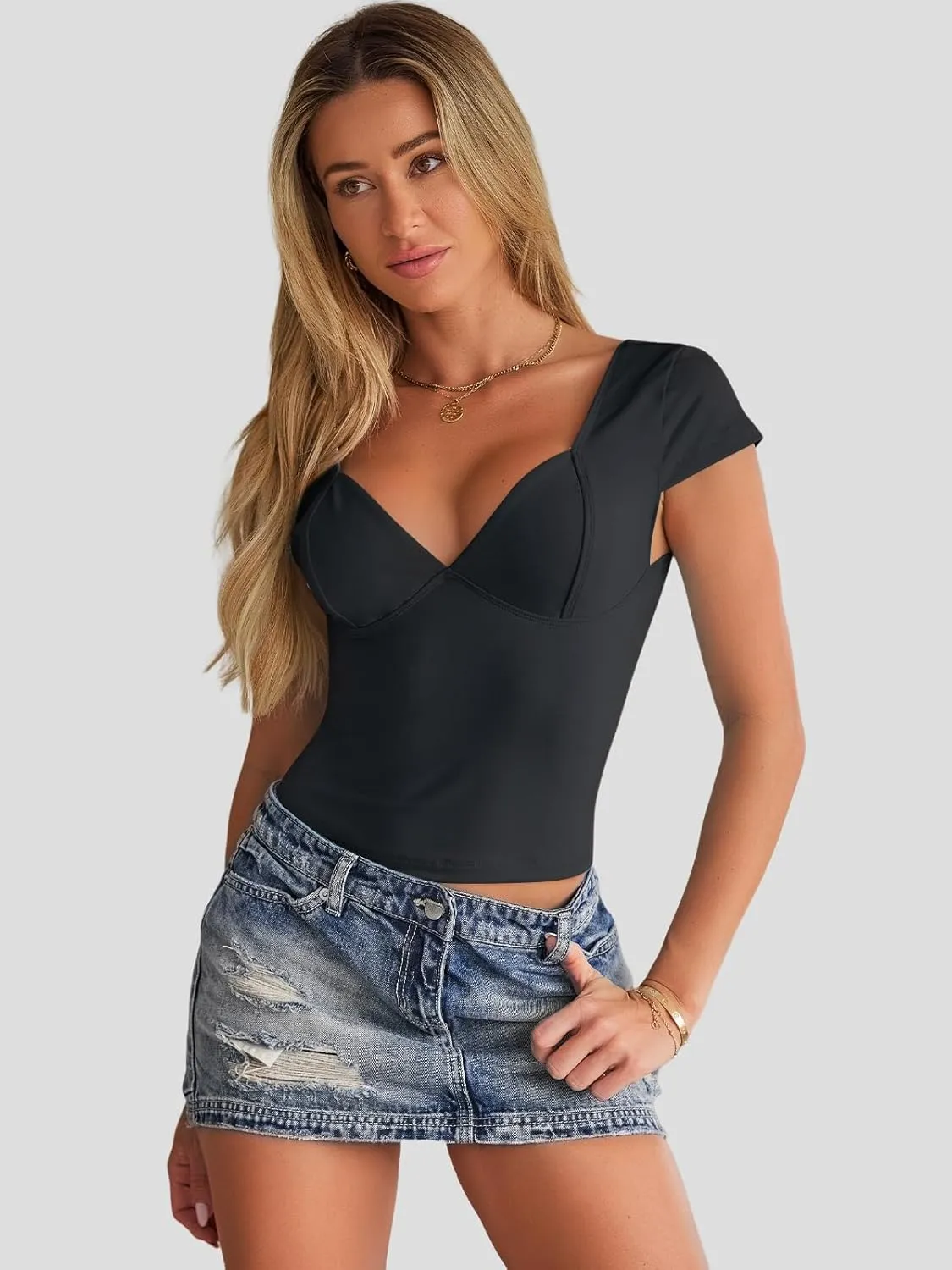 Trendy Queen Womens Summer V-Neck Backless Cute Tops Short Sleeve Sexy Slim Fit T-Shirts Y2K Clothes Corset Cami 2025