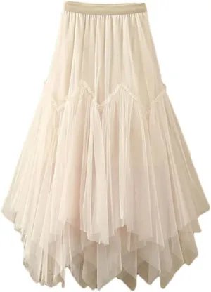 Tulle Long Skirt for Women Irregular Hem High Waist Pleated Mesh Midi Skirt Female