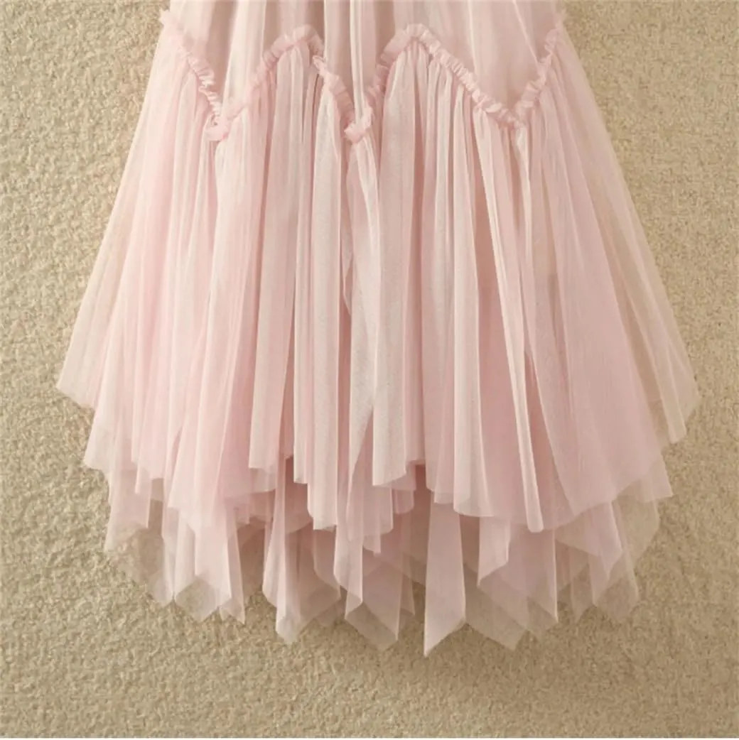 Tulle Long Skirt for Women Irregular Hem High Waist Pleated Mesh Midi Skirt Female