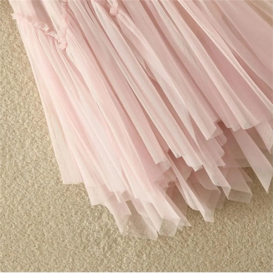 Tulle Long Skirt for Women Irregular Hem High Waist Pleated Mesh Midi Skirt Female