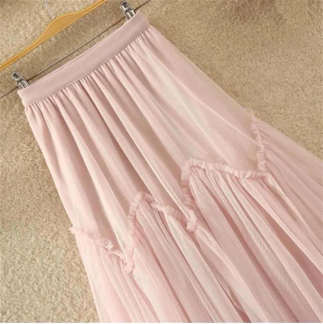 Tulle Long Skirt for Women Irregular Hem High Waist Pleated Mesh Midi Skirt Female