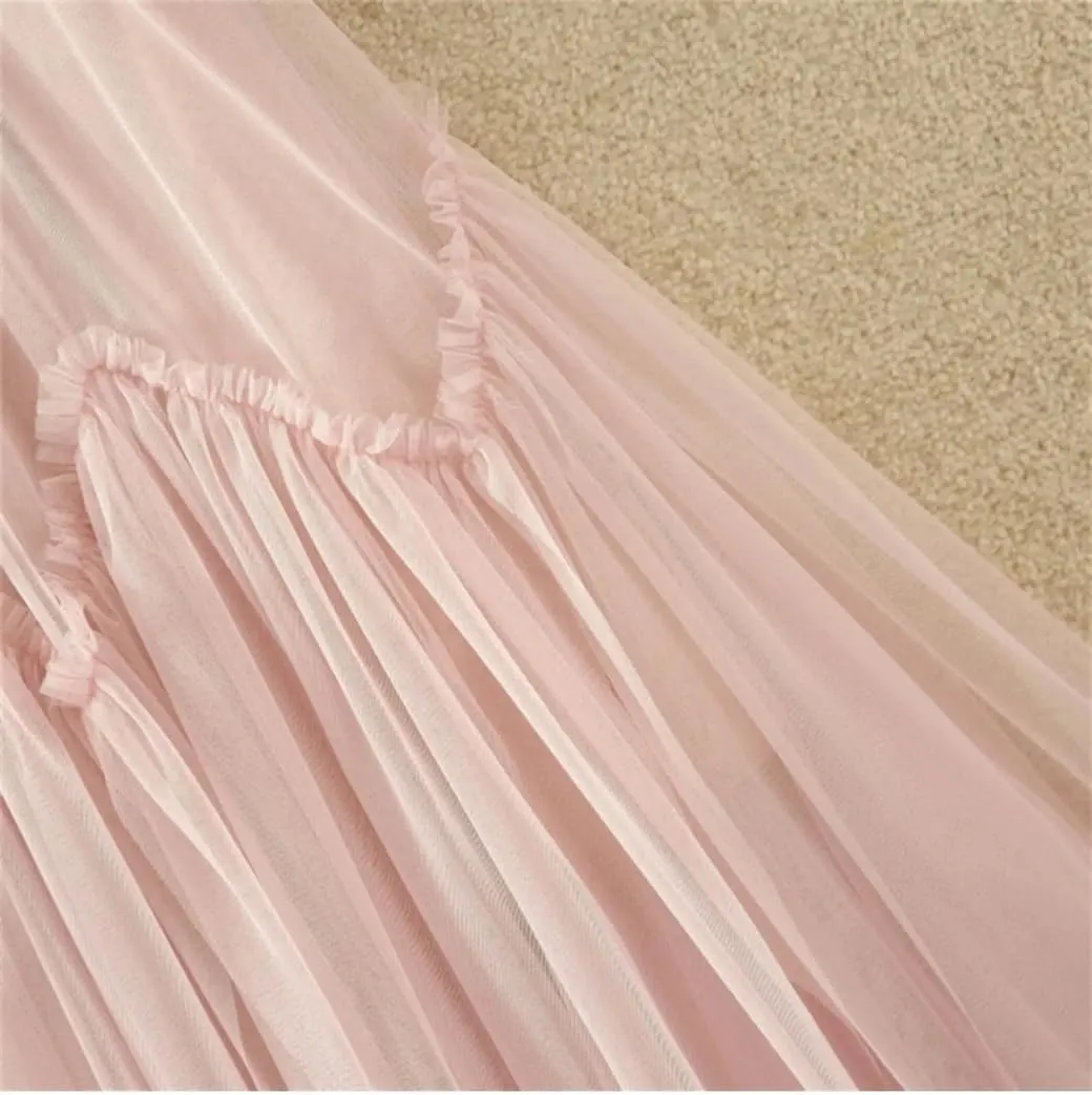 Tulle Long Skirt for Women Irregular Hem High Waist Pleated Mesh Midi Skirt Female
