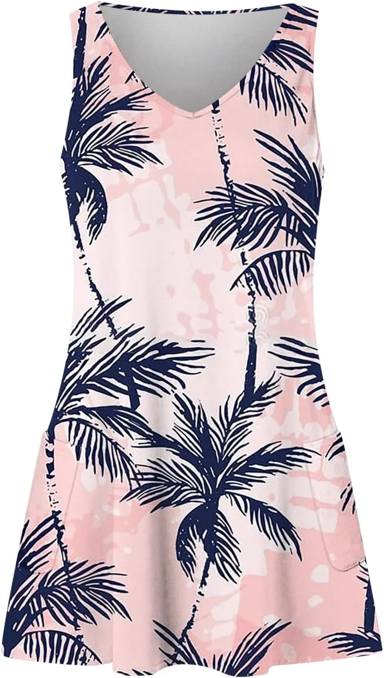 Vacation Dresses for Women 2024 Printed Dress Loose Sleeveless T-Shirts Dress Beach Boho Sundress with Pockets