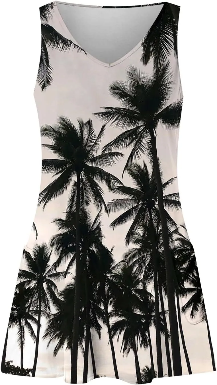 Vacation Dresses for Women 2024 Printed Dress Loose Sleeveless T-Shirts Dress Beach Boho Sundress with Pockets