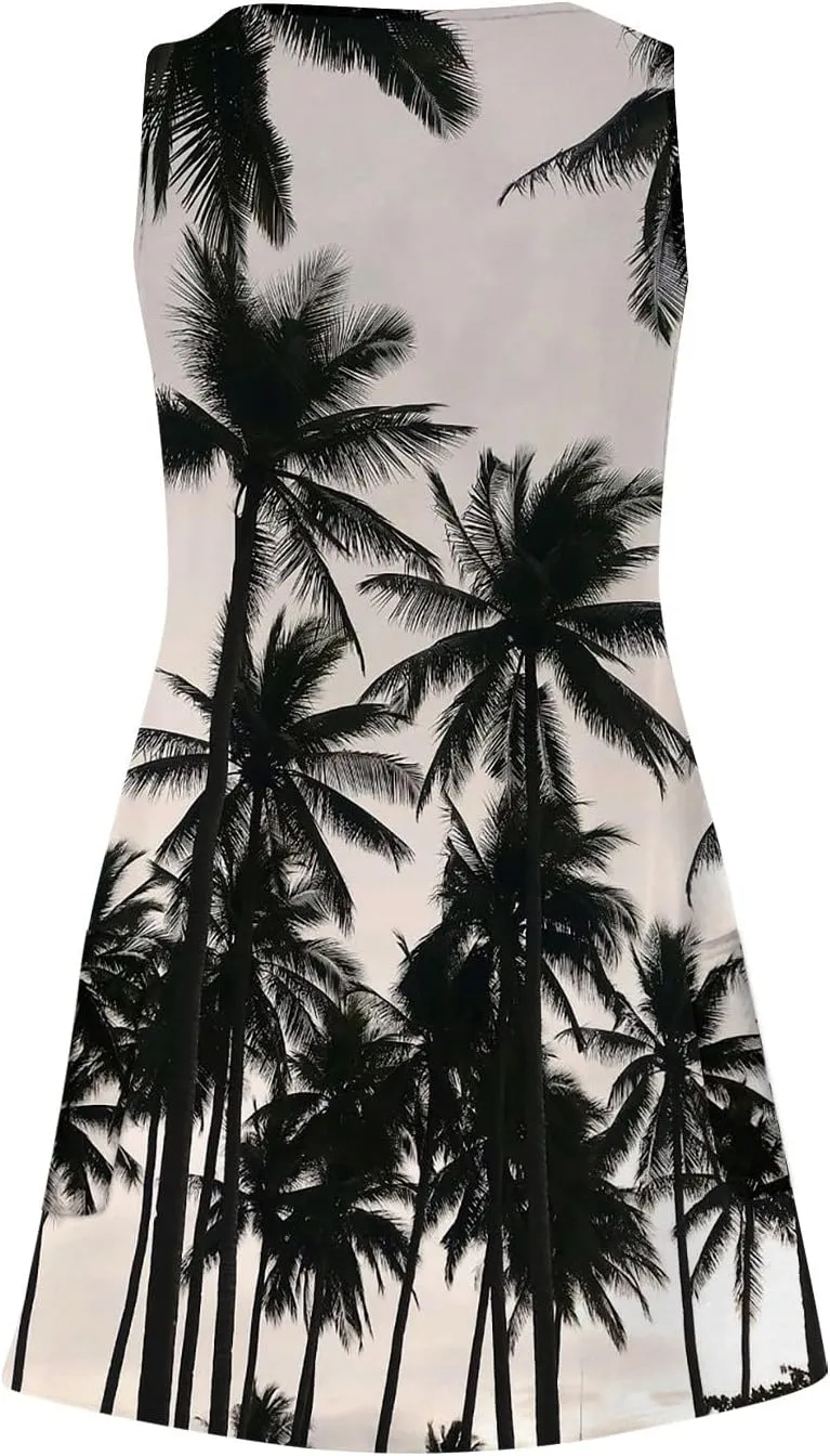 Vacation Dresses for Women 2024 Printed Dress Loose Sleeveless T-Shirts Dress Beach Boho Sundress with Pockets