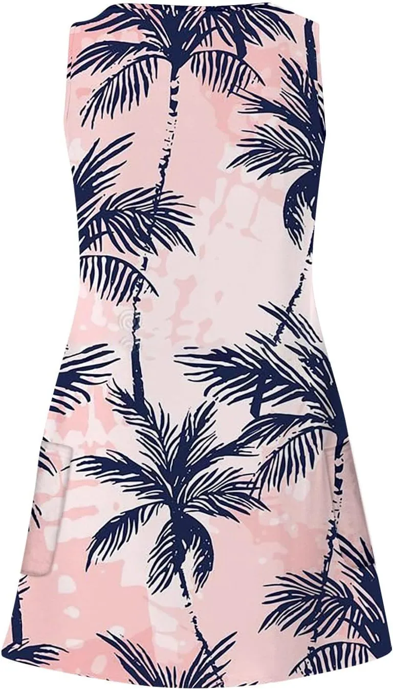 Vacation Dresses for Women 2024 Printed Dress Loose Sleeveless T-Shirts Dress Beach Boho Sundress with Pockets
