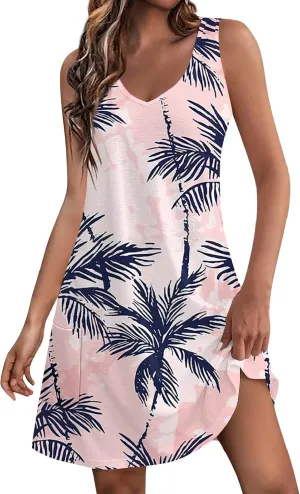 Vacation Dresses for Women 2024 Printed Dress Loose Sleeveless T-Shirts Dress Beach Boho Sundress with Pockets