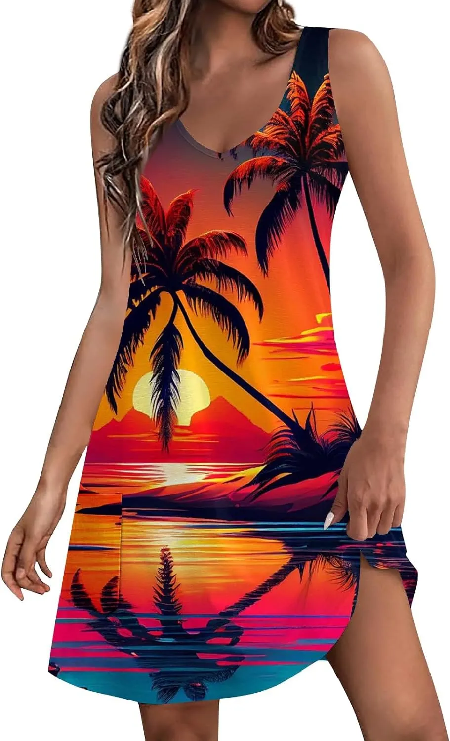 Vacation Dresses for Women 2024 Printed Dress Loose Sleeveless T-Shirts Dress Beach Boho Sundress with Pockets