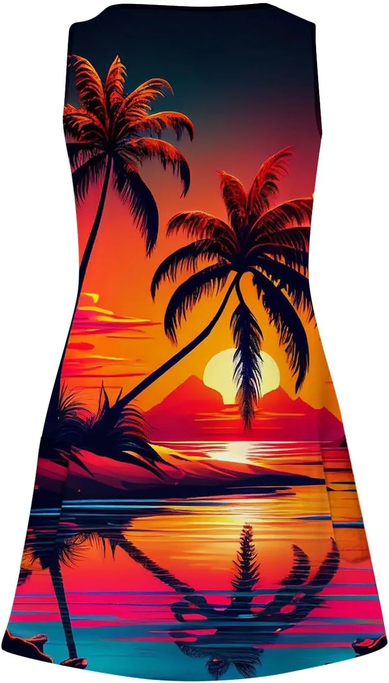 Vacation Dresses for Women 2024 Printed Dress Loose Sleeveless T-Shirts Dress Beach Boho Sundress with Pockets