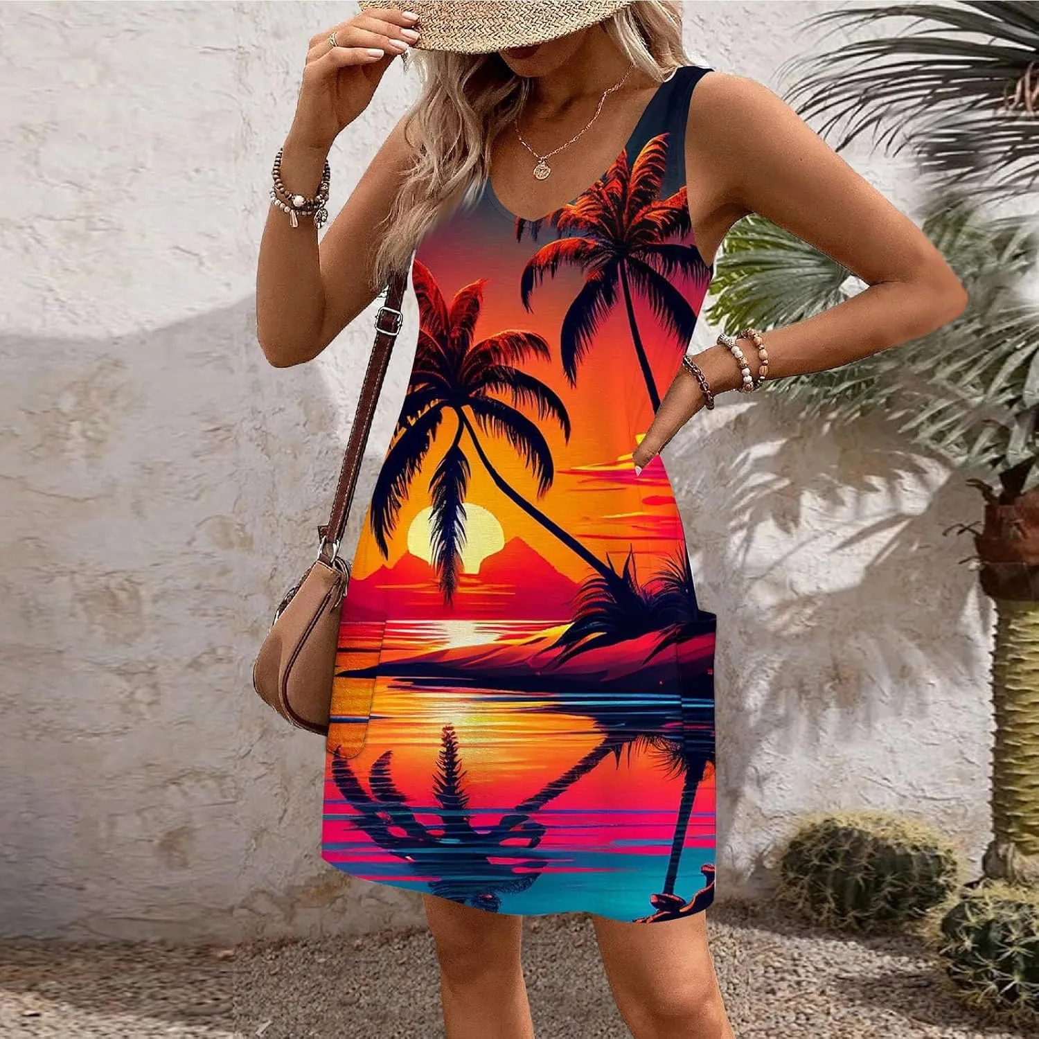 Vacation Dresses for Women 2024 Printed Dress Loose Sleeveless T-Shirts Dress Beach Boho Sundress with Pockets