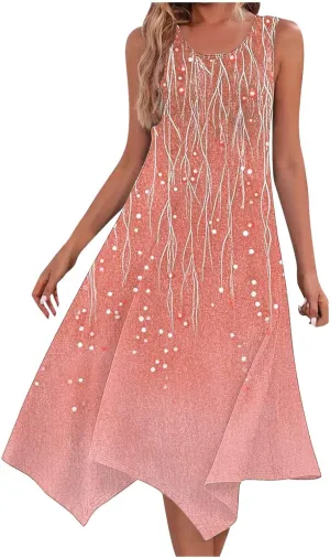 Vacation Dresses for Women 2025 Casual Sleeveless Handkerchief Hem Tank Dresses Boho Print 2025 Beach Sundresses