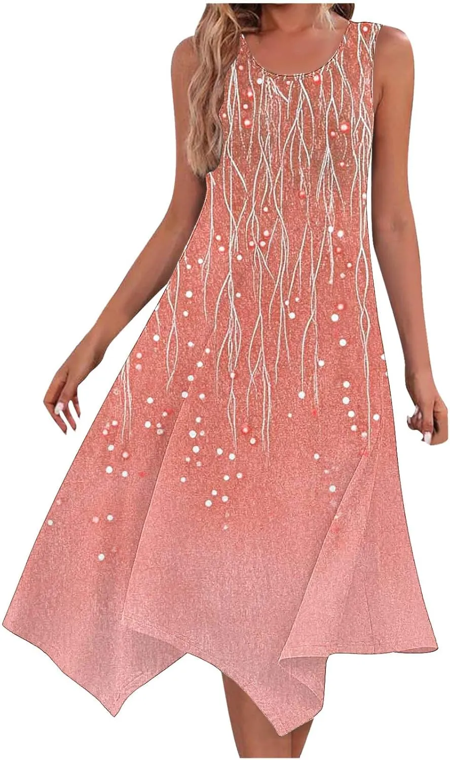 Vacation Dresses for Women 2025 Casual Sleeveless Handkerchief Hem Tank Dresses Boho Print 2025 Beach Sundresses