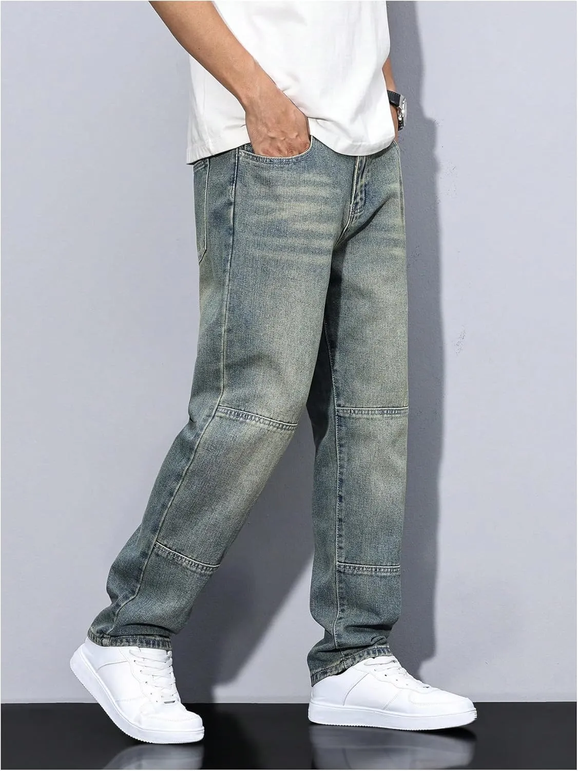 Verdusa Men's Faded Straight Leg Casual Denim Pants Vintage Jeans with Pockets