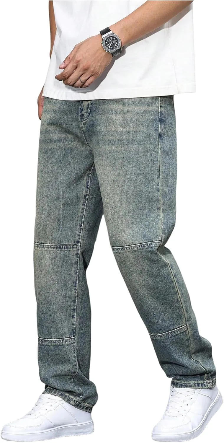 Verdusa Men's Faded Straight Leg Casual Denim Pants Vintage Jeans with Pockets