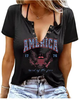 Vintage Rock Skeleton Eagle T Shirts for Women Casual Country Music Tshirts Funny Summer Rock Band Concert Shirt Top