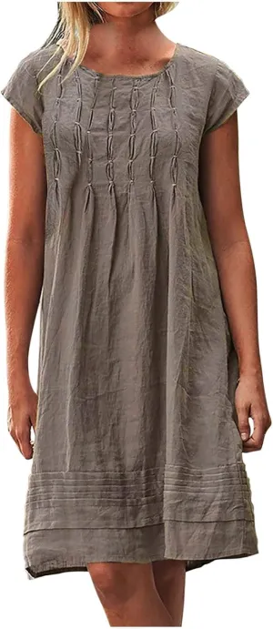 Vintage Summer Cotton Linen Dress for Women Casual Short Sleeve Ruched T Shirts Dress Loose Fit A-Line Beach Sundress