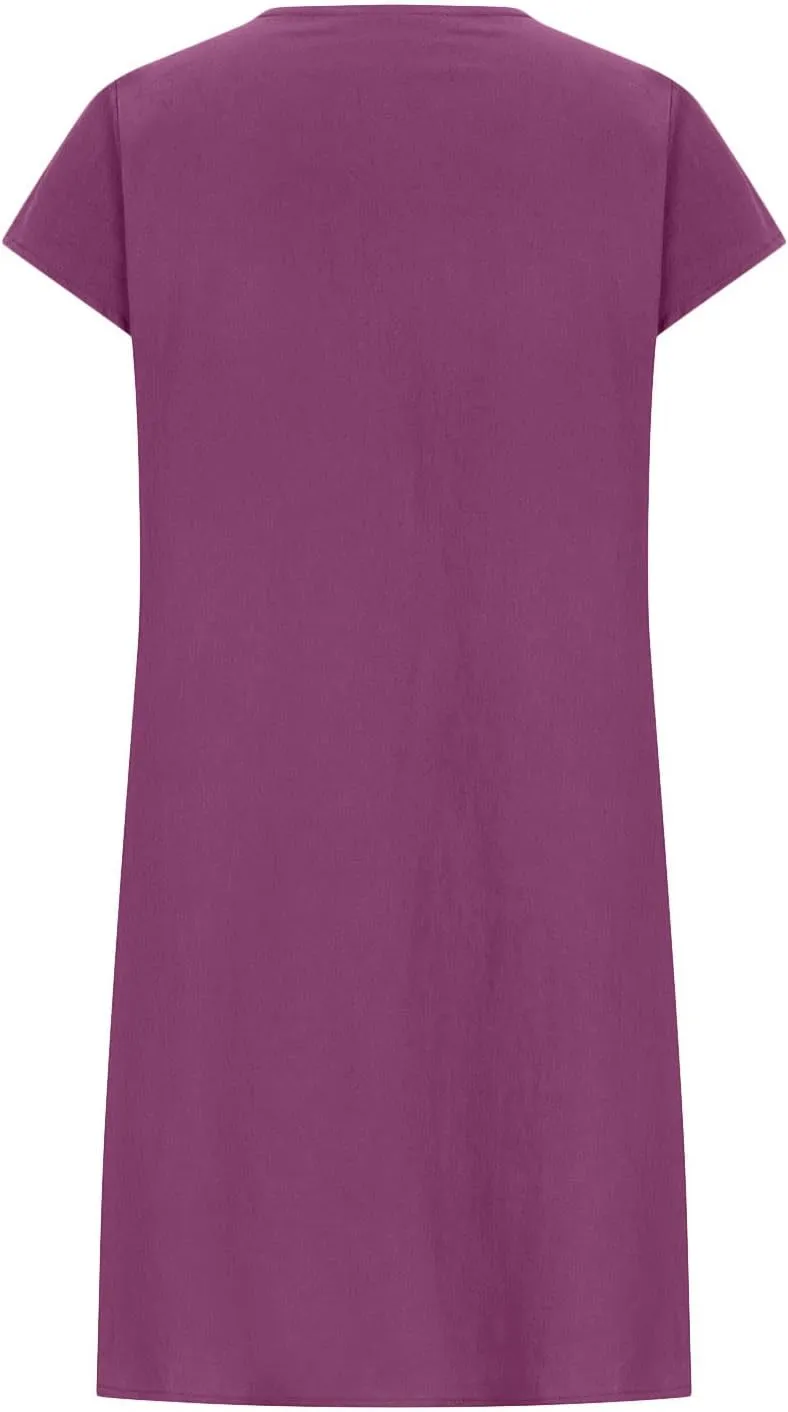 Vintage Summer Cotton Linen Dress for Women Casual Short Sleeve Ruched T Shirts Dress Loose Fit A-Line Beach Sundress