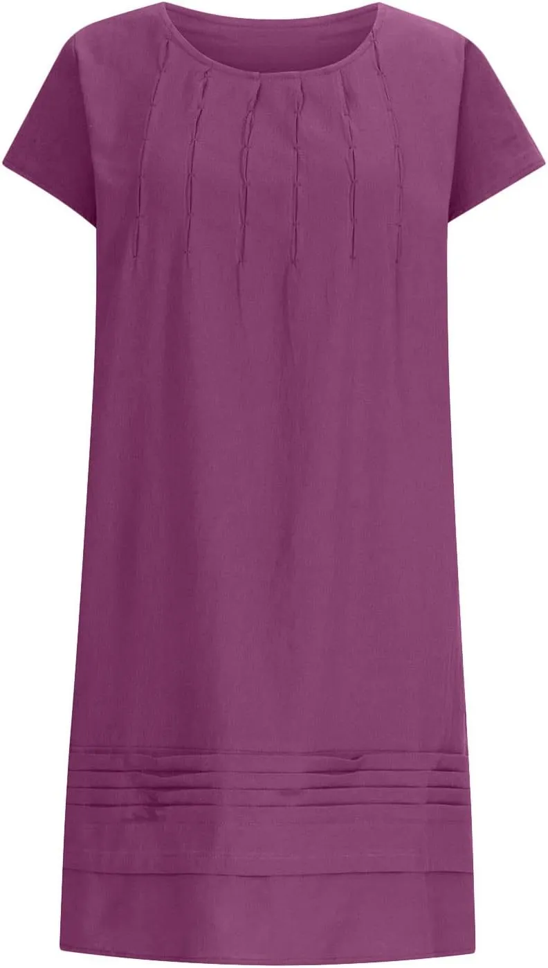 Vintage Summer Cotton Linen Dress for Women Casual Short Sleeve Ruched T Shirts Dress Loose Fit A-Line Beach Sundress