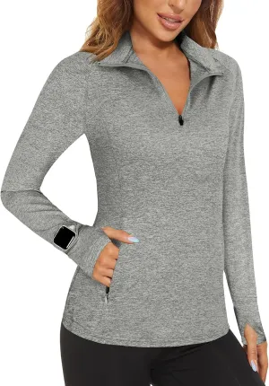 Viracy Womens Long Sleeve Workout Tops Quick Dry Half Zip Moisture Wicking Running Athletic T-Shirts with Pockets